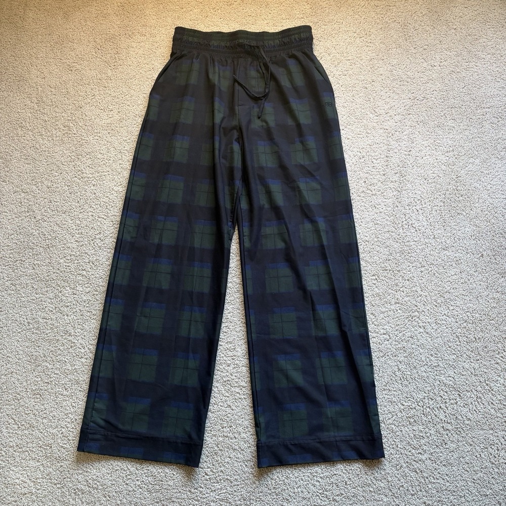Albion Wide Leg Pants Women's Medium Plaid Black Navy Green Elastic Waistband - Picture 1 of 9